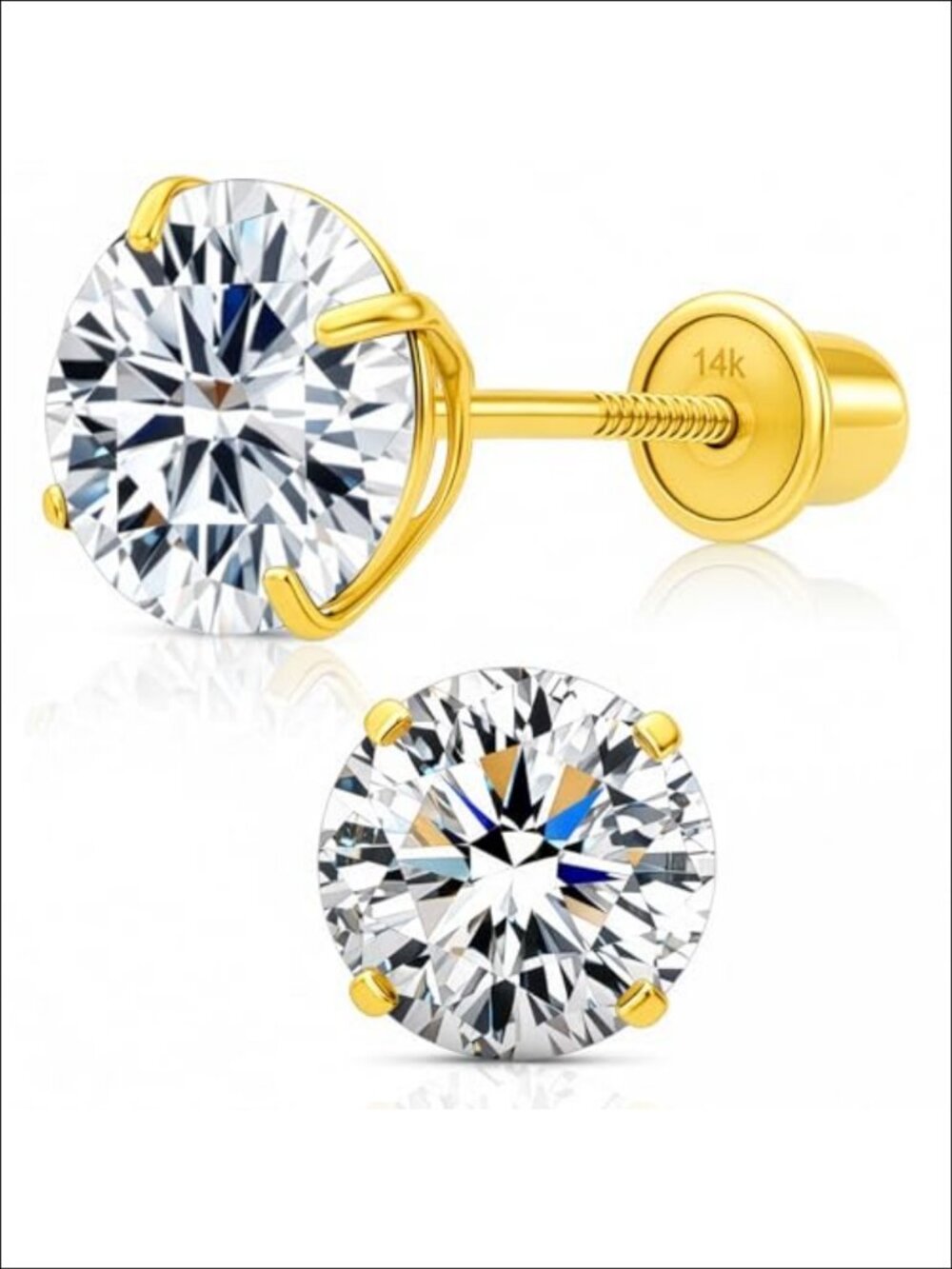 Solid 14K Gold Cubic Zirconia Stud Earrings Round Solitaire Screwback
